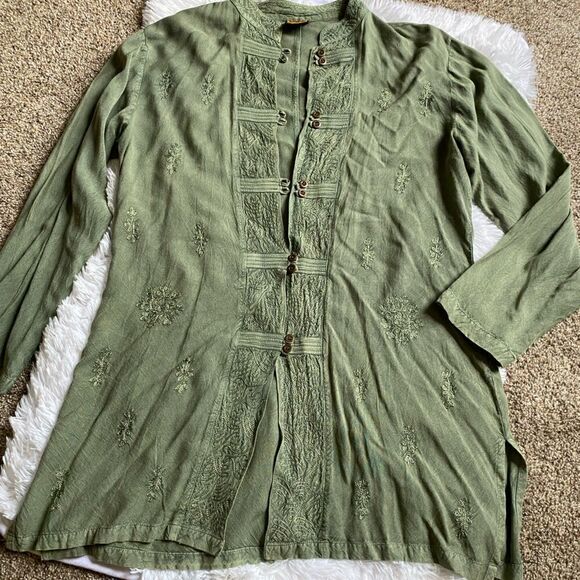 Geeta Tunic Top Over Shirt Embroidered Bohemian Button Front Green Rayon India - Picture 2 of 10